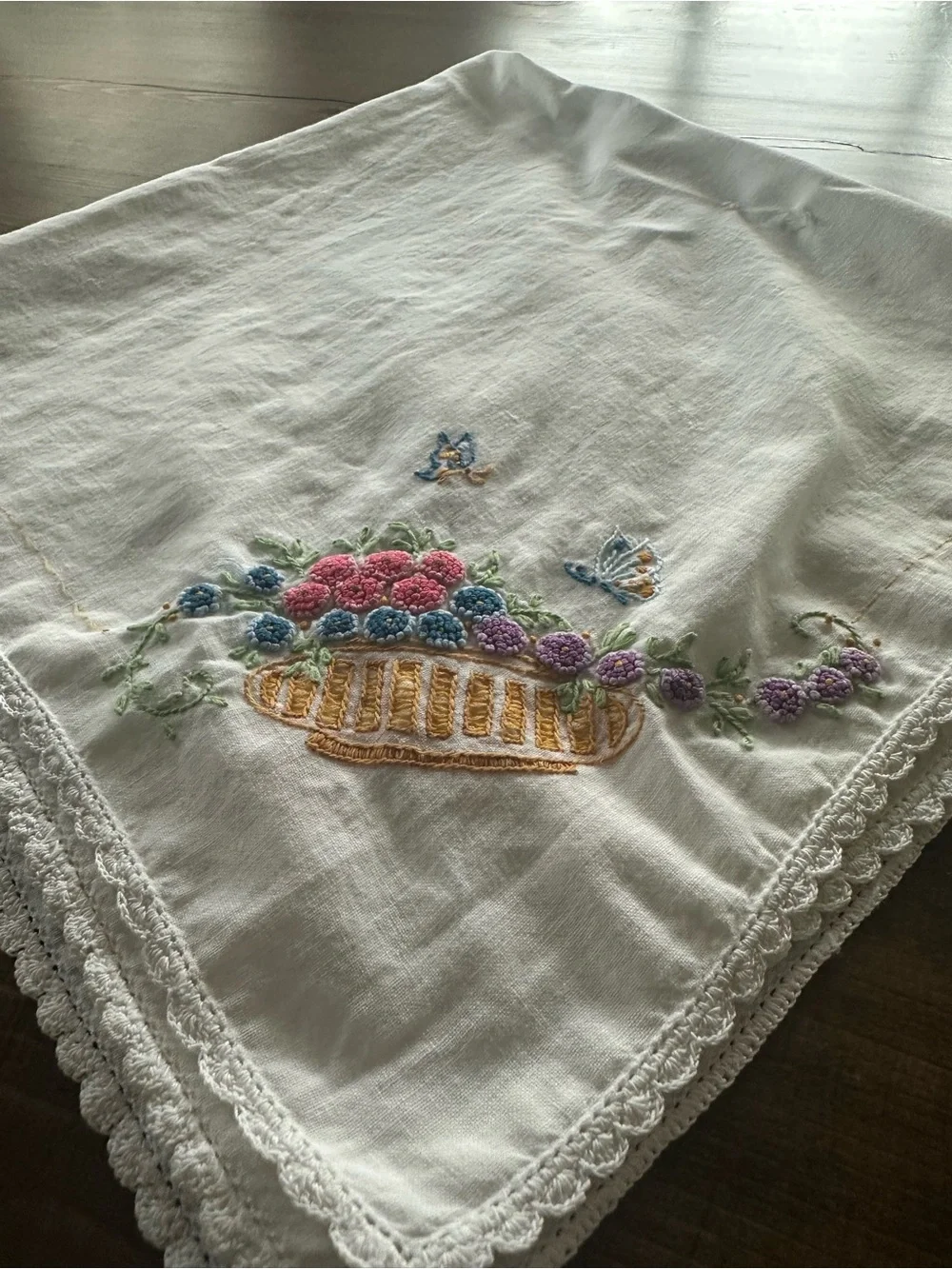 Vintage Hand Embroidered Bread Basket Liner Floral Butterfly Crochet Edge